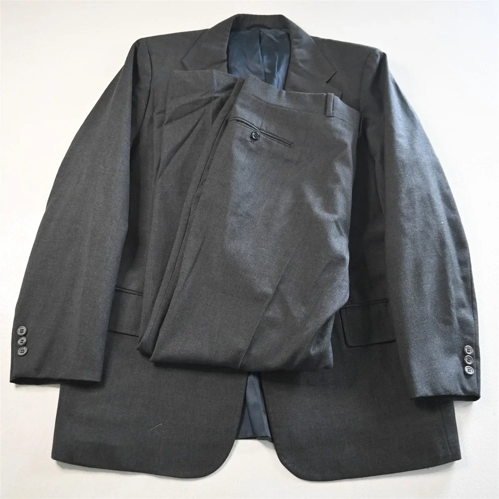 Vtg‎ 80s USA Made Tom James 46L 38x32 Gray Wool Mens Jacket Pants Suit